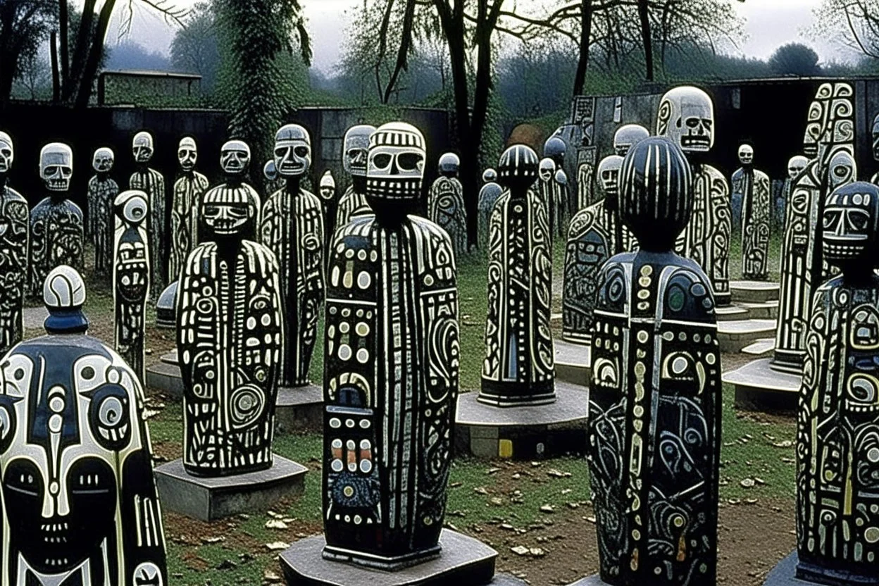 A black graveyard with ghosts designed in African masks painted by Jean Dubuffet