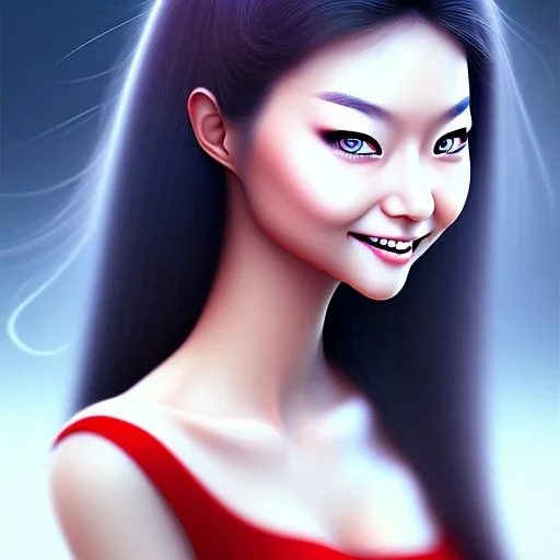 Asian woman with beautiful smile and dark blue eyes