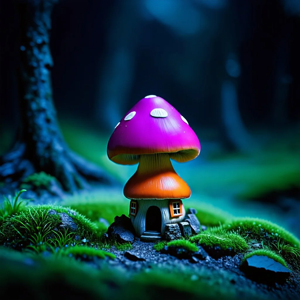 "Close up of a wonderful tiny Mushroom Tower home. Magenta and orange with bright white, deep black and contrasting tones of gray magenta and violet colors. Illuminated bioluminescent forest. Professional painter, master at composition. small but detailed. broken, blurred background, voluminous lighting"