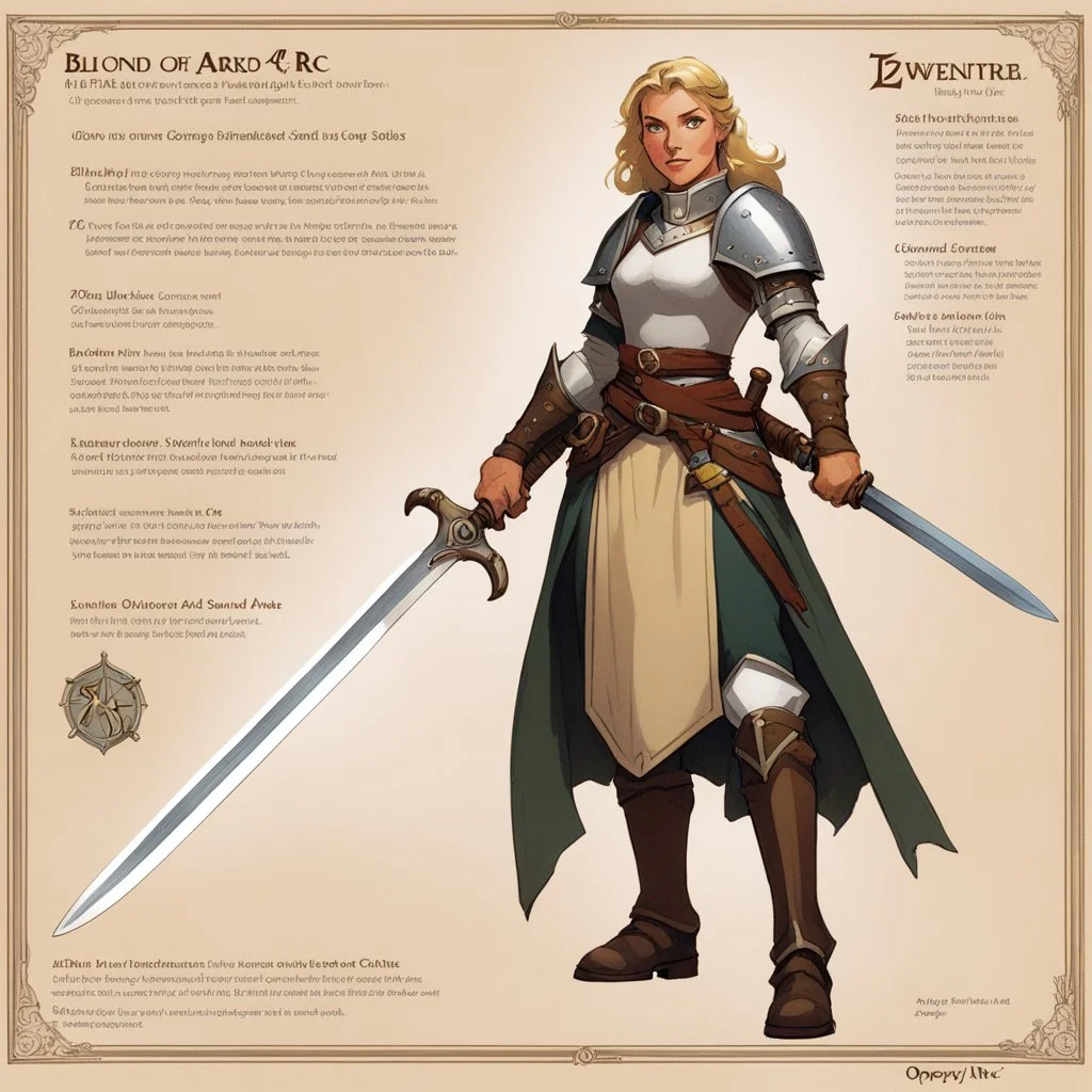 character concept sheet with ad&d statistics and characteristics, [illustration by Angus mcbride for Osprey Publishing’s] blond Joan of Arc in linen battle dress with her zweihander sword in hand
