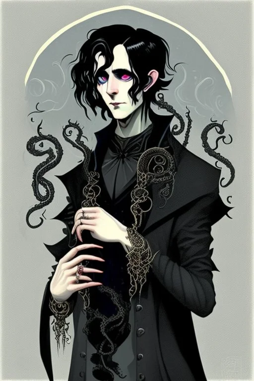 black haired young man necromancer wizard with gothic jewelry and tentacle fingers in the style of Fyodor Pavlov