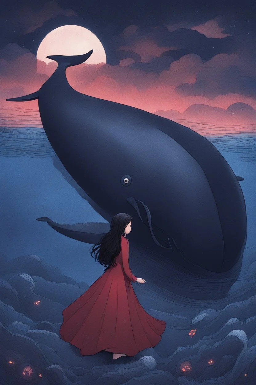 A girl wearing a dark red dress and long black hair walks on the back of a blue whale at night