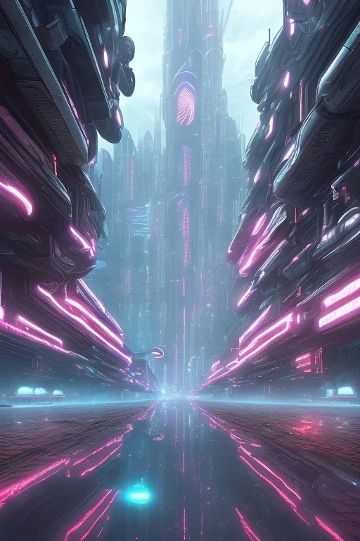 futuristic cyberpunk city street, reflections, luminous