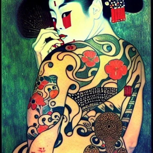 dibujo al oleo de cuerpo entero de una Geisha bella con tatuajes maorís estilo Gustav Klimt