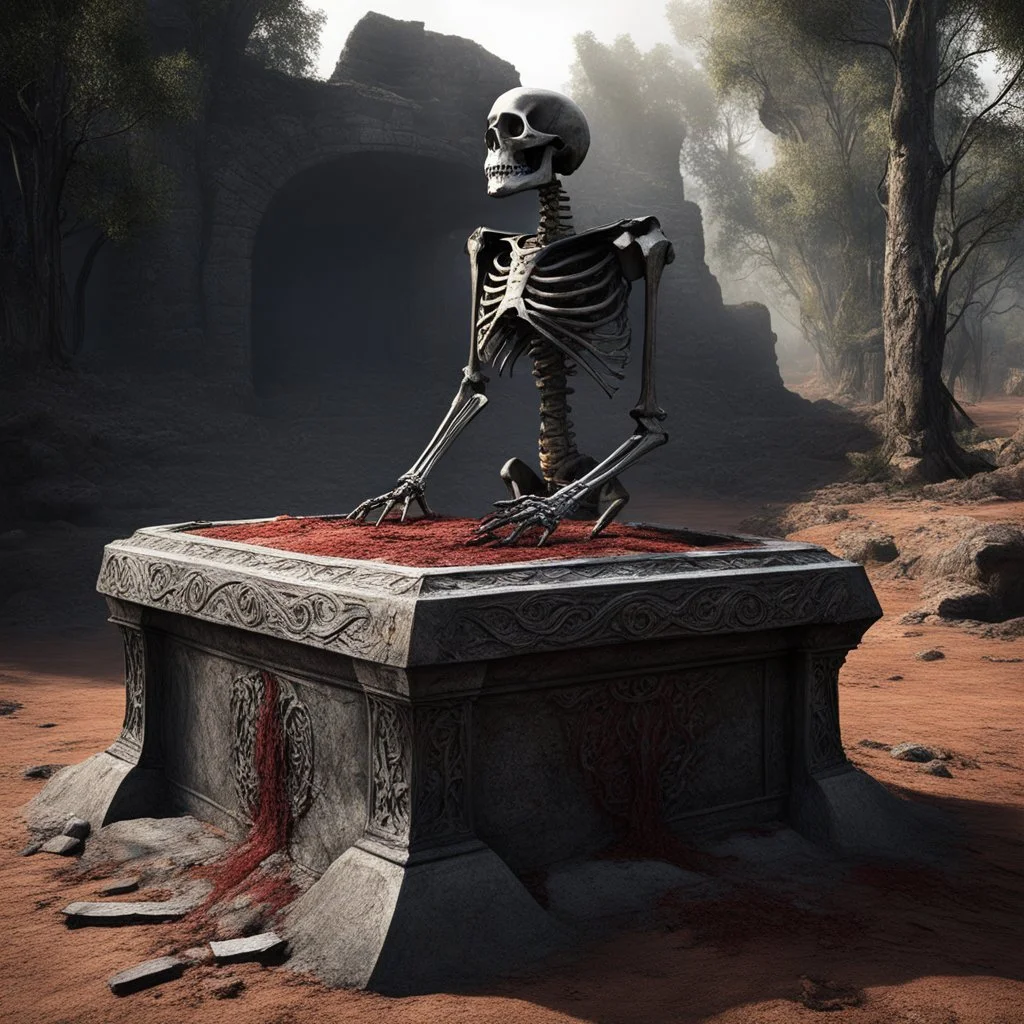 The altar groans again as something rises from the stone. A skeleton—but not one of mere bones. This is no natural corpse left to rot in the dirt. This is something unnatural, something forged by dark power and sustained by unknown sorcery. The skeleton is wrapped in tattered, ancient cloth, rust-colored with age and blood. Its bones are reinforced by crude iron plating, hammered into place with cruel black spikes that pierce the joints like war trophies. Its skull is crowned with a corroded hel