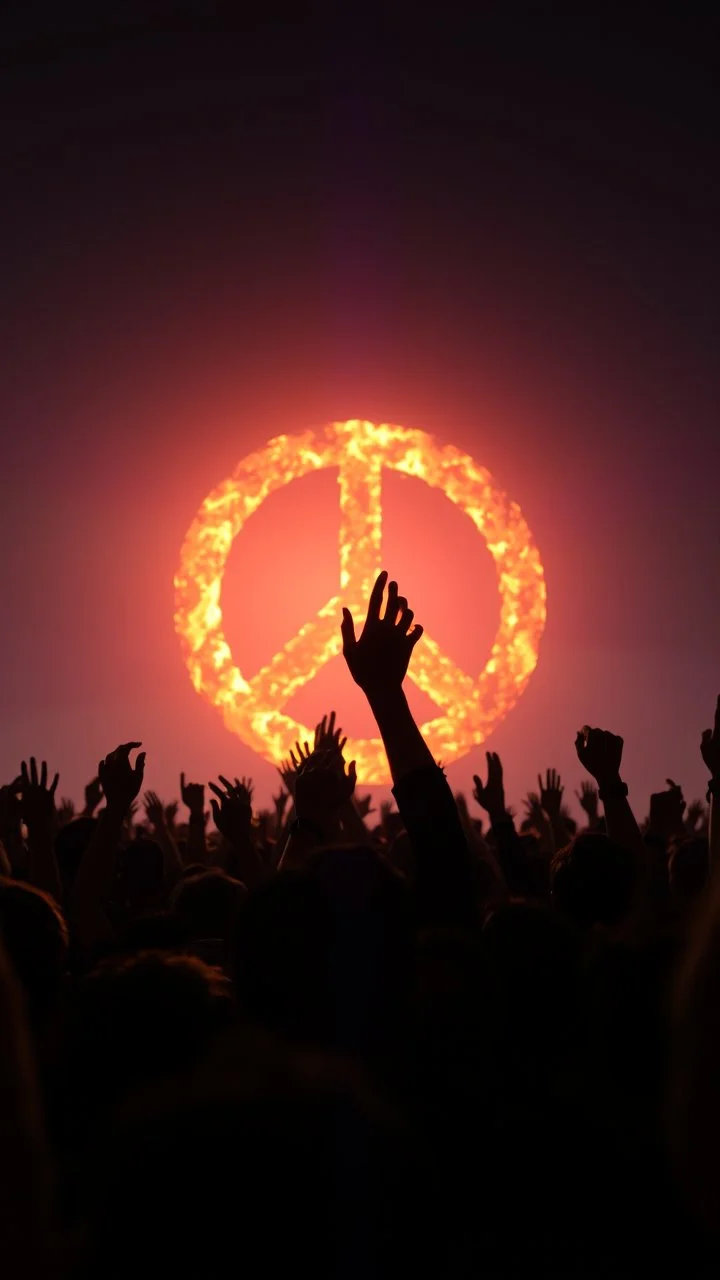 A field of random people rising hands up in a bright lighting , at the the background a huge circle of the peace sign with fire’s texture