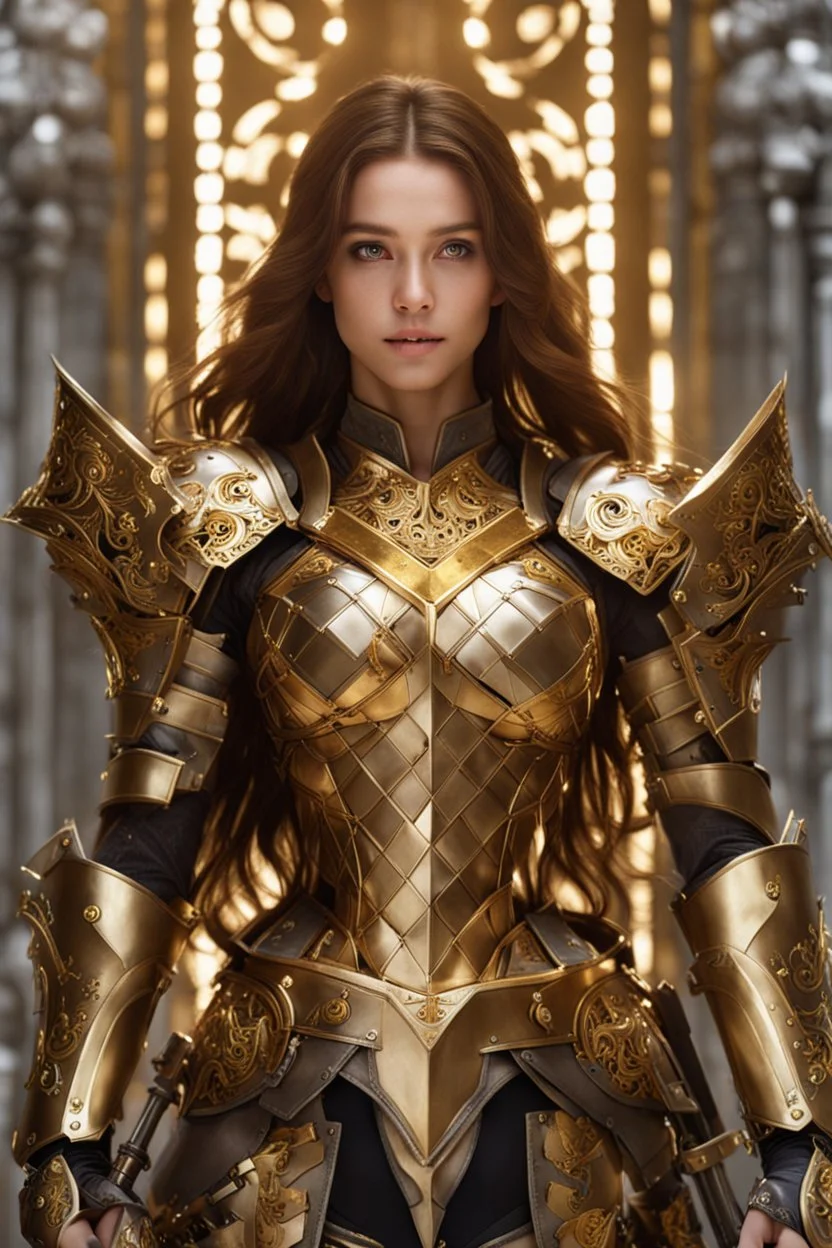 Photography,girl,full body,looking front view,brown long hair, mechanical,delicate gold,silver metalic parts, golden parts, intricate armor, detailed part,Movie Still