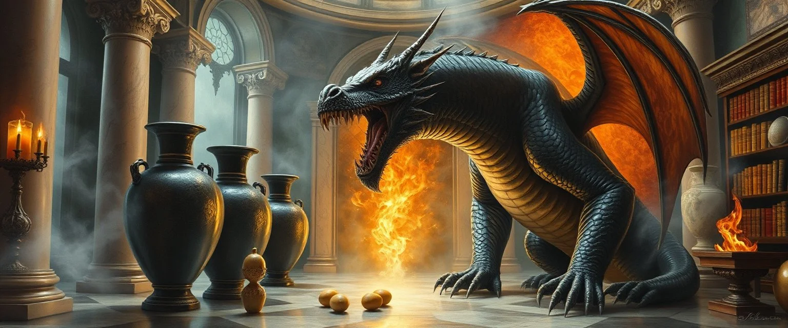 master oil painting by Escher and Giger, glaring vases and black humanoid reflective expressive long clunky obese elder troll bear dragon and hidden magic aura golden dragon with beard inside marble hall library, cryptic eggs, sacred geometry, fire fog and steam border, fire elemental creature, twisted dimensional portal for ice elemetals only