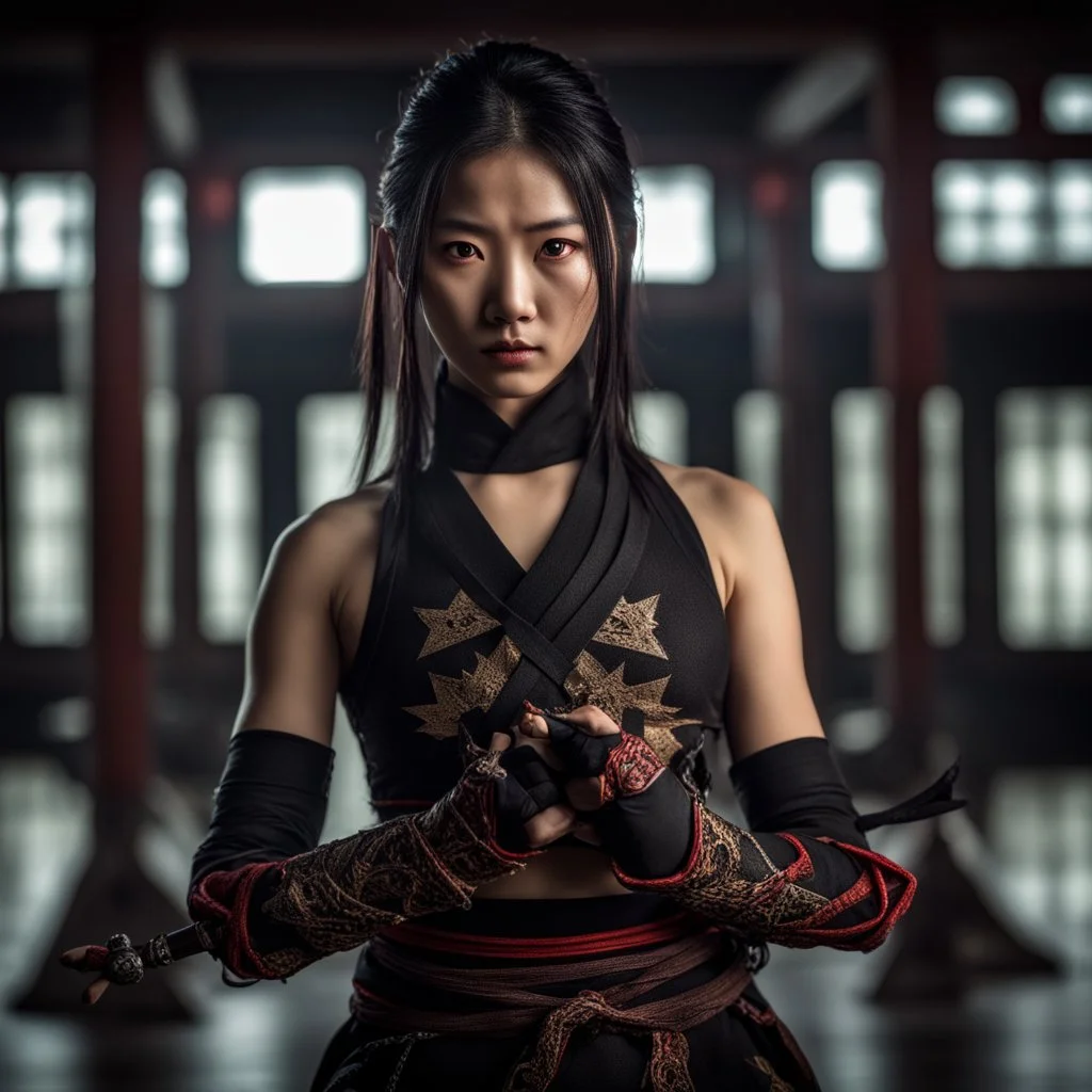 Behold the powerful alluring and pretty chinese ninja woman, her body adorned with the traditional ninja costume and Shurikens, HDR, beautifully shot, hyperrealistic, sharp focus, 64 megapixels, perfect composition, high contrast, cinematic, atmospheric, moody