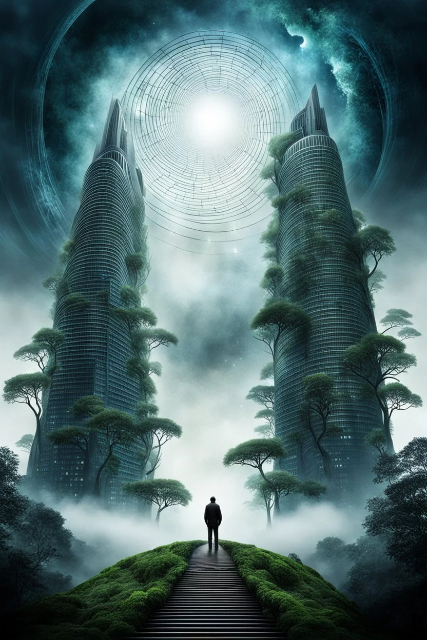 abstract landscape, skyscrapers and spiralling trees to space, mist, lonely figure looking up, pale surreal lighting, utopistic scenery, dark fantasy theme, surreal style, detailed, high quality, frog eye view