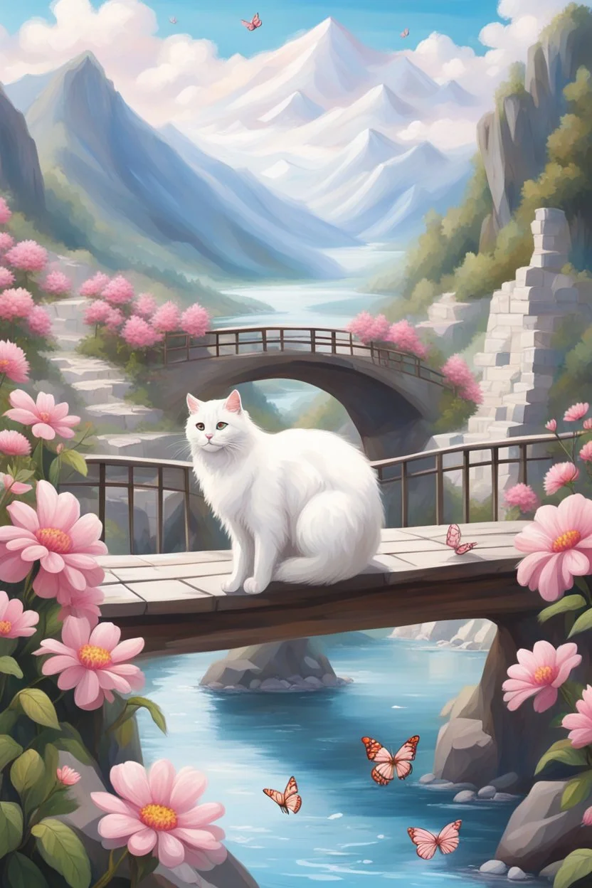 in the center: beautiful chunky fluffy white cats sitting on a bridge, under the brigde flows a small blue river; background: landscape with mountains and white clouds, butterflys flying in the sky; first plan: pink flowers;