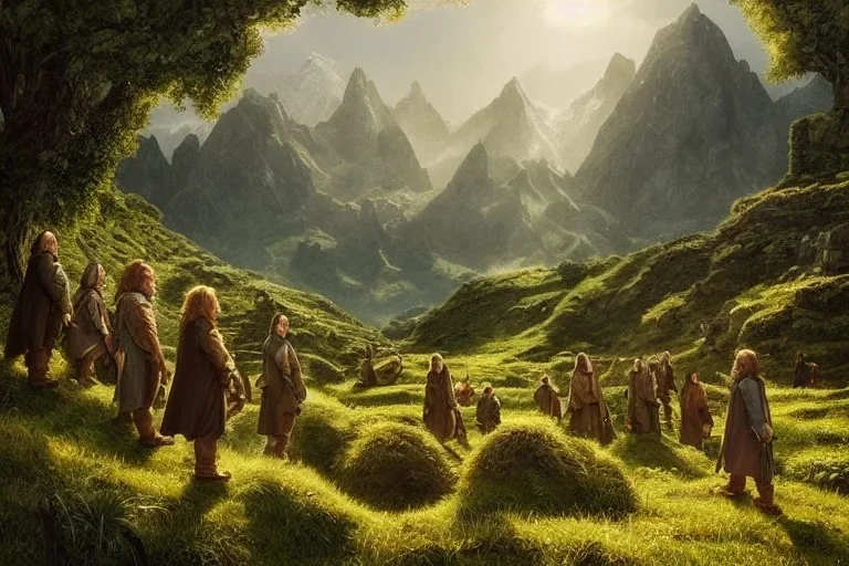 hobbits in the shire scenery landscape, lord of the rings, higly-detailed symmetric faces, highly detailed, perfect lighting, perfect composition, 4 k, artgerm, derek zabrocki, greg rutkowski