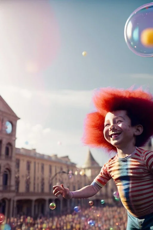 Ultra realistic circus scene. Sweet big hair monster flying. Child’s playing. one strong man, smile. happy, color bubbles, smooth color, waist up view, Wes Anderson style, a lot of people background, highly detailed, concept art, unreal engine 5, god rays, ray tracing, RTX, lumen lighting, ultra detail, volumetric lighting, 3d, finely drawn, high definition, high resolution.