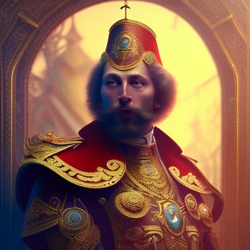 Arthur Kulkov, Russian, circus, ringleader, portrait, handsome, muscular, detailed matte painting, intricate detail, concept art portrait by Greg Rutkowski, mystical colors, Golden hour, colorful galaxy foreground, lisa frank fantasy, neon pastel color palette, beautiful colorful interesting detailed storybook fantasy