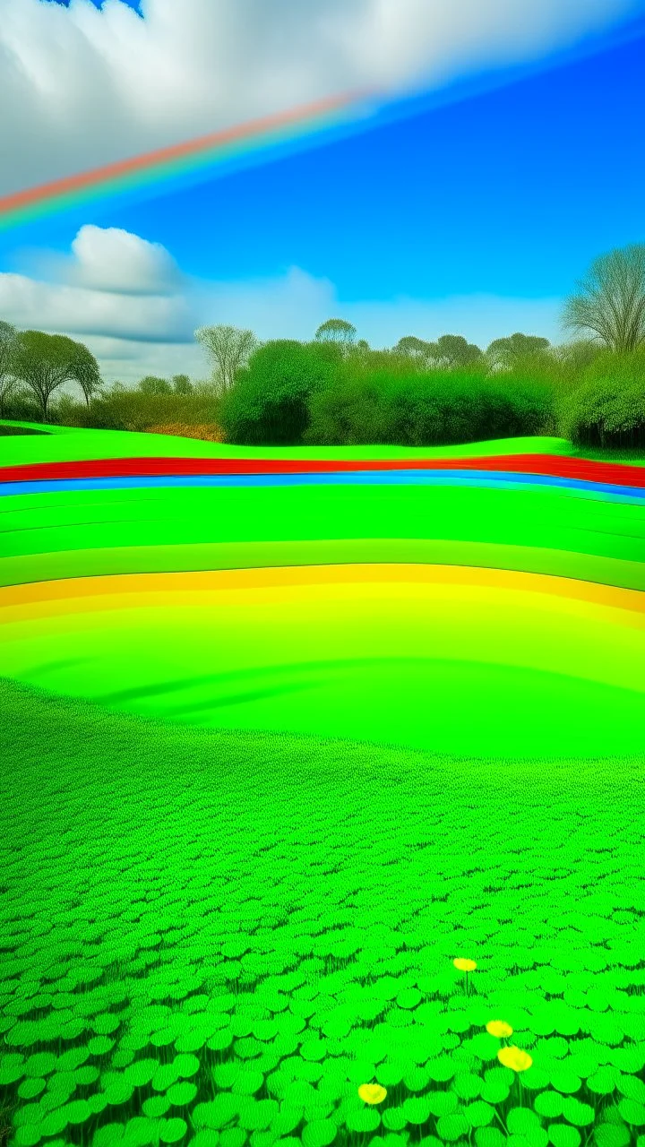 A green golf course with clovers and a rainbow painted by Piet Mondrian