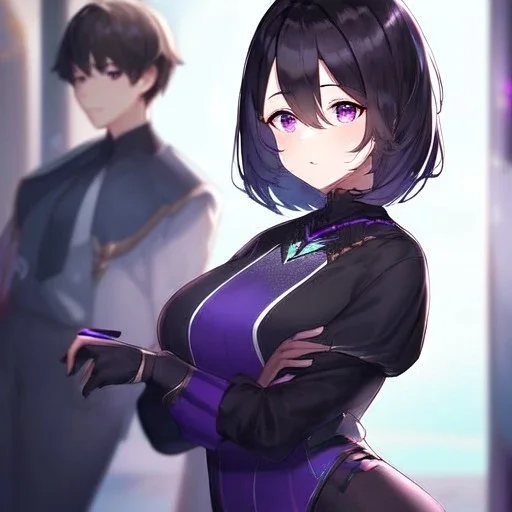 Clear focus,High resolution,High quality, Black short hair, Purple eyes, Wearing a techy outfit