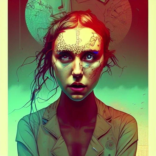 singer Danish MØ face, Camera., concept art, hyper detailed, asaf hanuka, dan mumford, kilian eng, post-apocalyptic, oil on canvas