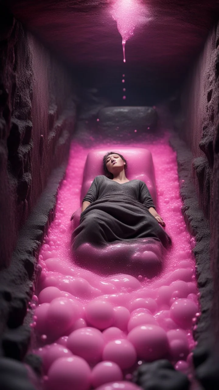 full body portrait of soap star sleeping in a sarcophagus filled with transparent pink liquid inside coal mine shaft,bokeh like f/0.8, tilt-shift lens 8k, high detail, smooth render, down-light, unreal engine, prize winning