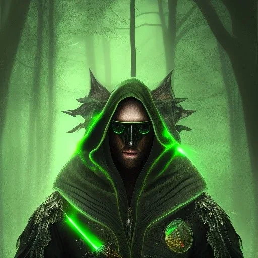 A portrait of a man with glowing green eyes wearing a big black hood and dark clothes with a big forest in the backround