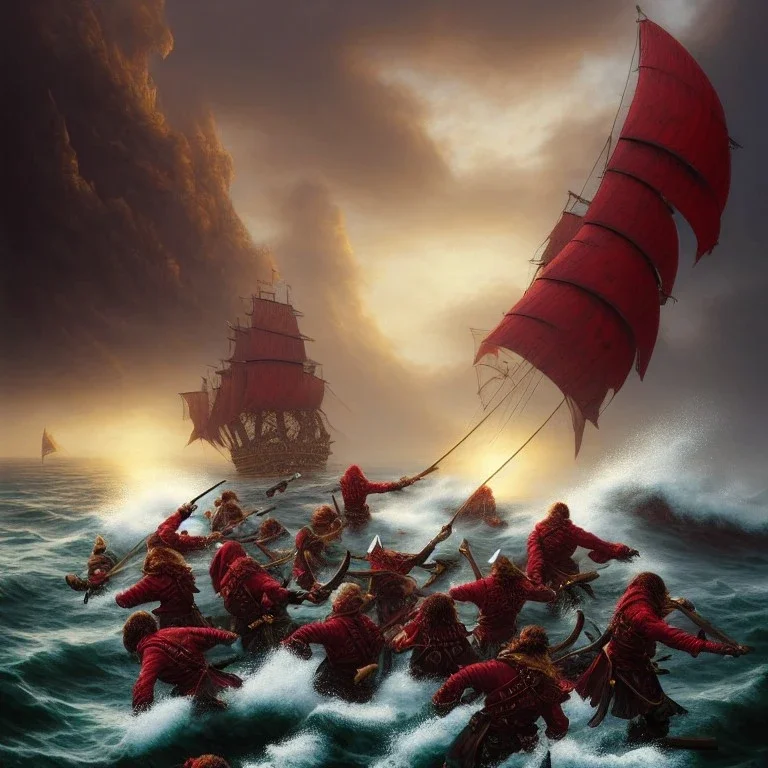 11 pirate warriors in dark red armor, charging off their ship onto the beach, a highly detailed illustration, background of giant crashing ocean waves, realistic render, 8 k, micro detail, intricate, elegant, centered, digital painting, Artstation, smooth, sharp focus, illustration, artgerm, tomasz alen kopera, peter mohrbacher, donato giancola, joseph christian leyendecker, wlop, boris vallejo