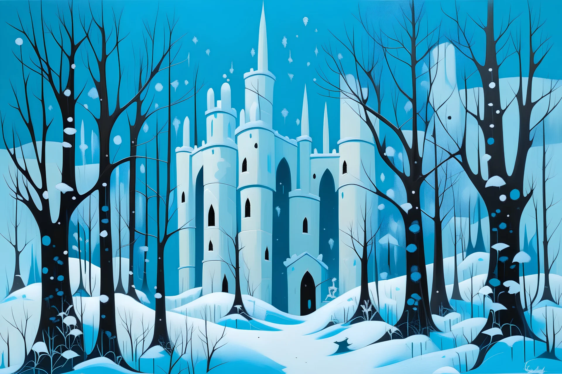 A cyan castle in a winter forest with falling snowflakes painted by Stuart Davis