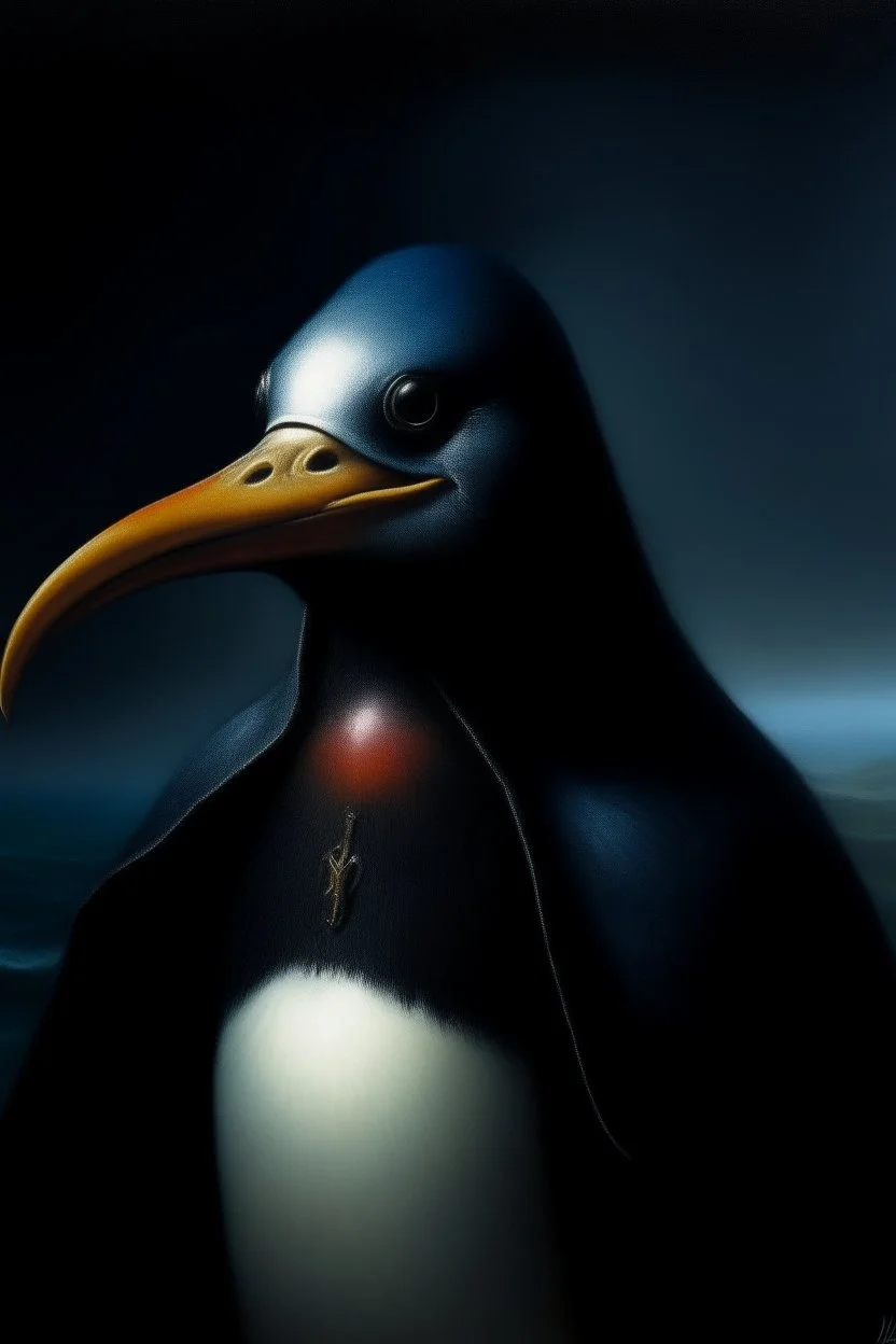 1970's dark fantasy cover dnd style oil painting frontal profile picture of pengu the penguin.