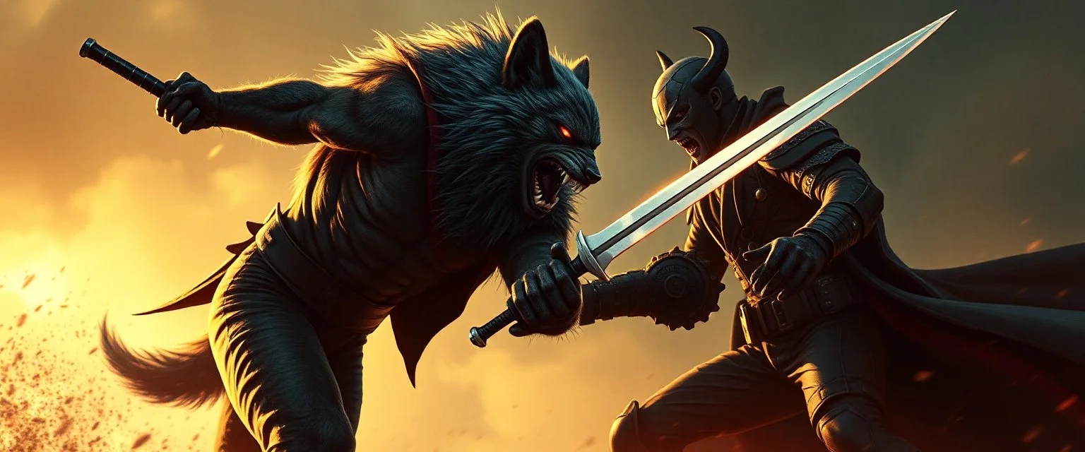 werewolf vs vampire cyberpunk action scene, acrobatic dodge, cape harlekin, morning , scimitar