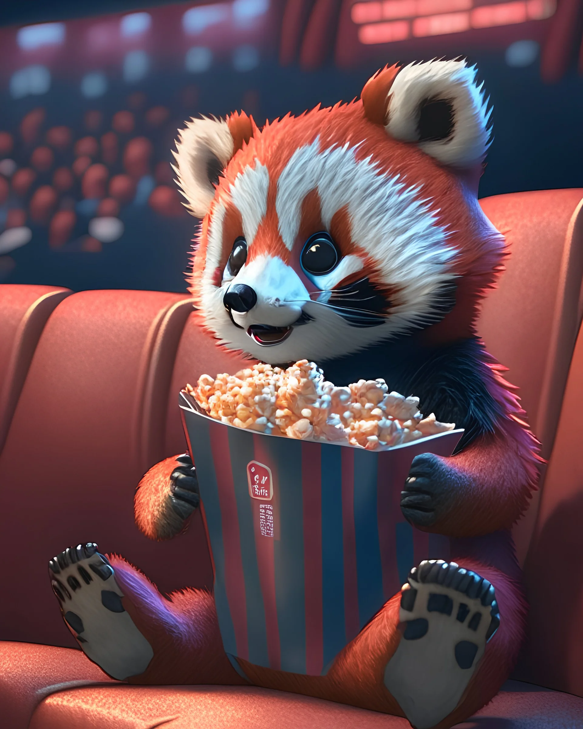 Cute small humanoid red panda sitting in a movie theater eating popcorn watching a movie, unreal engine, volumetric, warm indoor lighting, artstation, detailed, digital painting, cinematic, character design by hayao miyazaki, unreal 5, daz, hyperrealistic, octane renderer, arnold renderer, 8k, matte