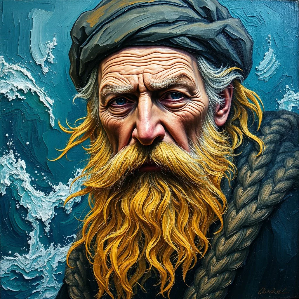 impasto oil painting of an old mariner, thick sculptural brushstrokes, swirling textures, golden beard flowing into stormy ocean, expressive portrait style, vivid ocean blues and greens, emotional and textured, expressionist painting --v 7 --style raw --ar 4:5 --q 2