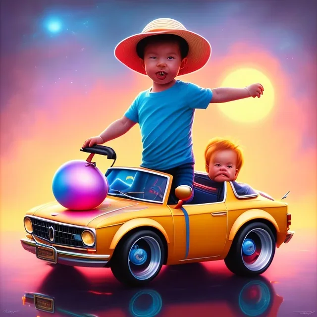 A one-year-old boy rides in the plastic funny toy-car on the middle of a busy street in new york. He has and a large-brimmed straw hat. somehow photographic bright colors and sunset, fantasy art, Anna Dittmann, digital painting, dan mumford, oil on canvas, jeff koons, akihito yoshida, wlop, kodachrome,