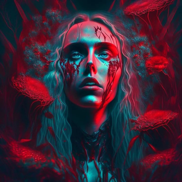 iridescent, Singer Danish MØ face, blood, futuristic, guts, wildflower, cosmic, intricate, darkred tones,sidhe, ominous, nature, plants,