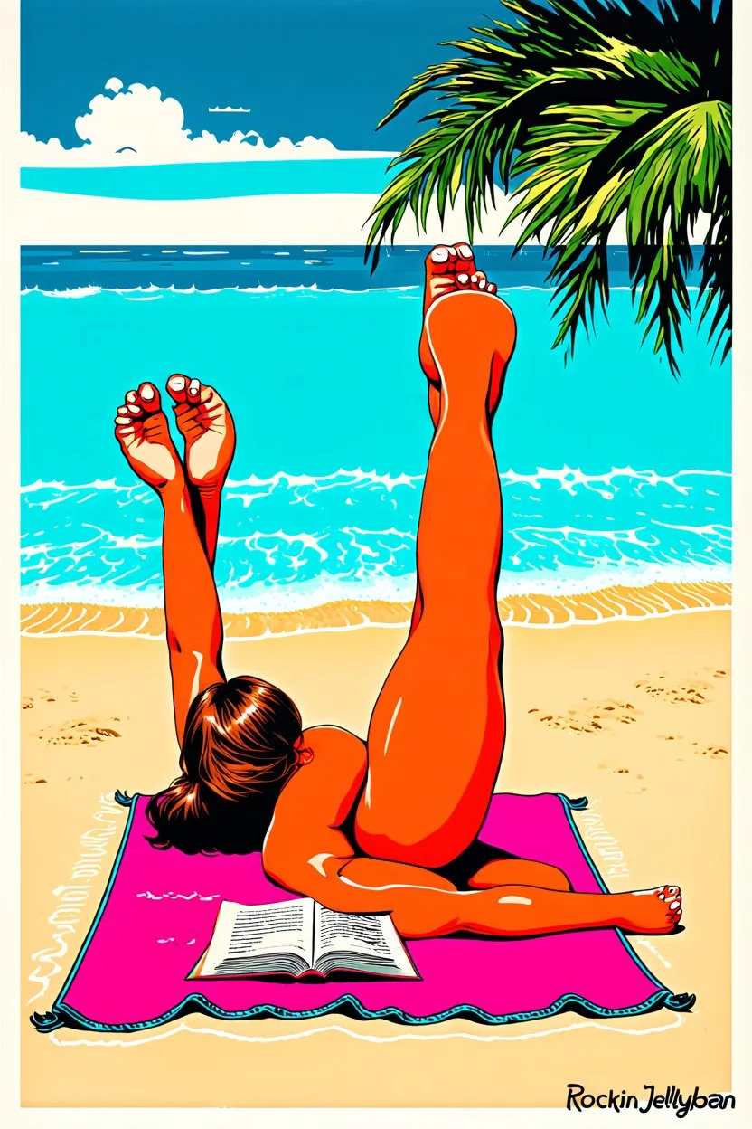 beautiful girl on her stomach, face towards viewer, elbows on beach towel, feet upward, while reading a book, lowbrow silkscreen poster by artist Rockin' Jellybean