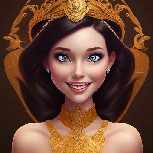 Disney Portrait of a Golden Princess, dark hair, sharp dark eyes, bright blue lighting, sarcastic smile, sharp focus hair.