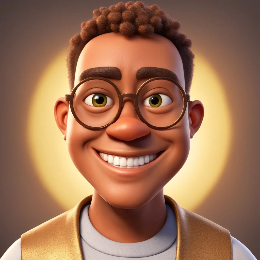 a portrait of smiling man. caricature. very little hair. brown skin. black eye pupils. circle eyeglasses with thin gold frame. round face shape, fat cheek. white shirt with black vest. pixar style. 3D. 4k. portrait. highly detailed. sharp focus. high resolution. full color. cinema lighting