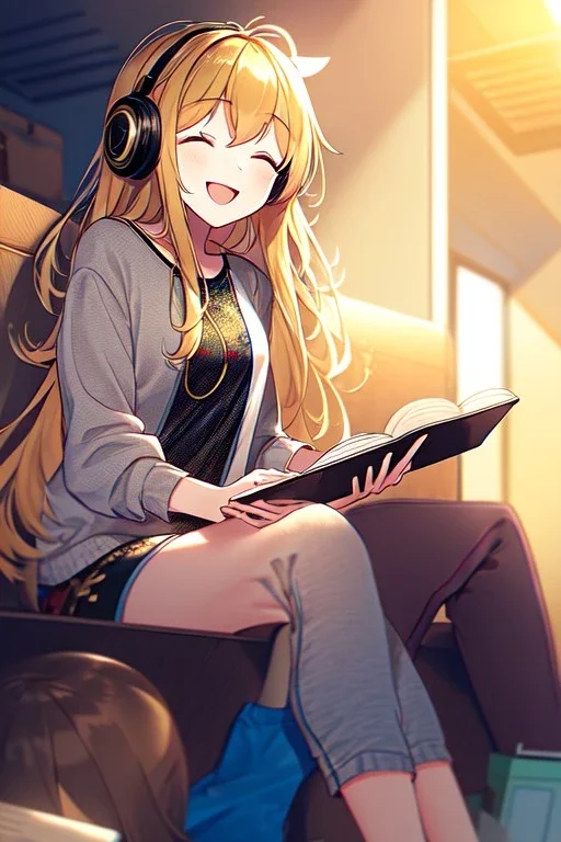 girl, masterpiece, best quality, cinematic lighting, detailed outfit, vibrant colors, perfect eyes, golden hair, long hair, closed eyes, headphones on head, listening to music, smile, sitting, indoors, god rays, casual clothes,