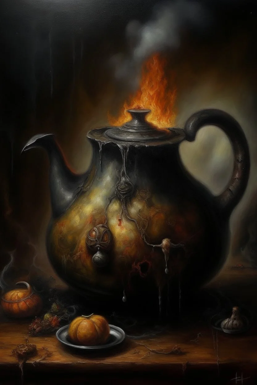 Living witches kettle, slightly demonic, prize winning oil painting