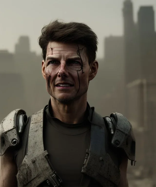 A portrait post-apocalypse cyborg Tom Cruise in a cyberpunk city, sci-fi fantasy style, 8k, volumetric lighting, particales,highly detailed,cinematic, deep scars on face,deep colours.