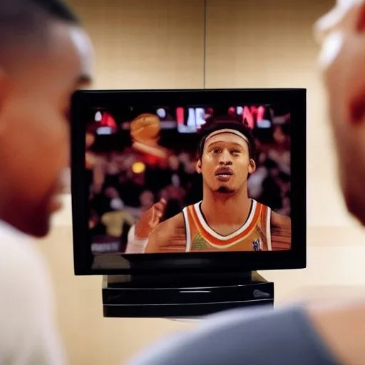 an ugly man watching the New York Knicks on a very small television