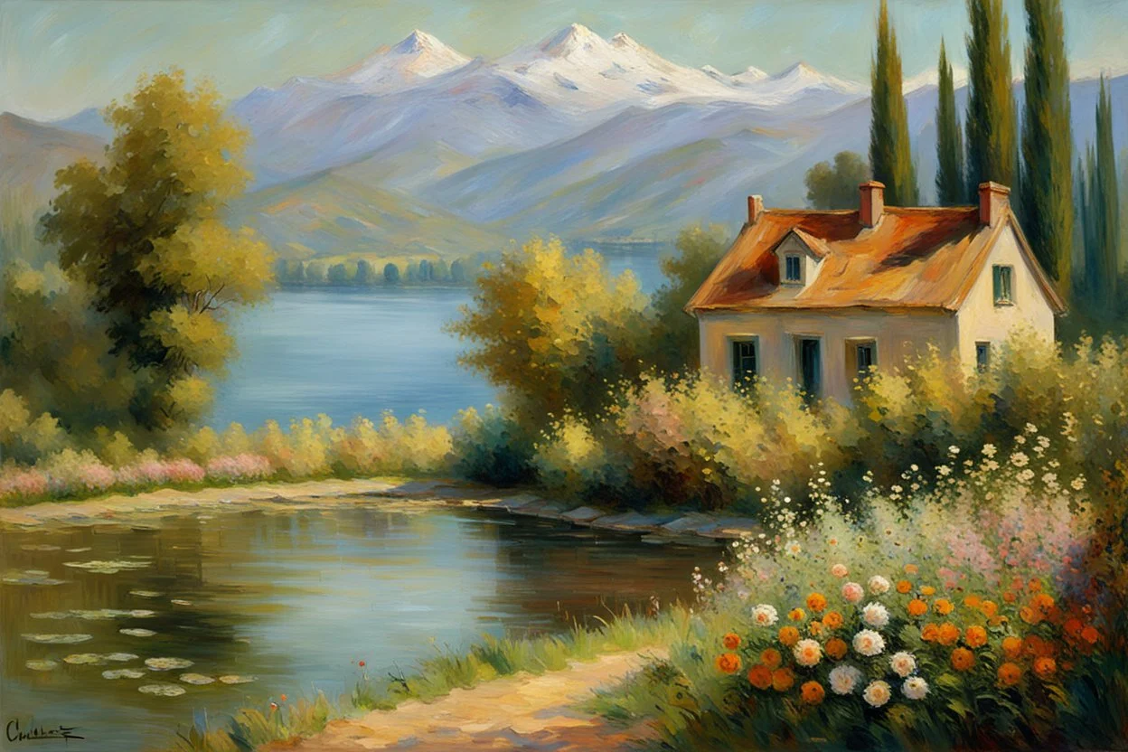 Sunny day, mountains, river, distant house, flowers, trees, claude monet and charles leickert impressionism paintings