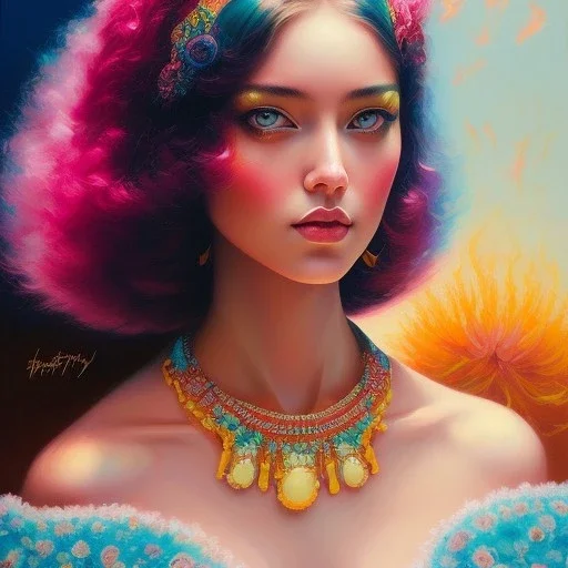 iv_a painting of a young woman, figurative art, an acrylic detailed painting,art style by Harumi Hironaka, turquoise pink and yellow, james terrell art, trending on artstation, soft lines,intricate art by bastien lecouffe deharme and greg rutkowski