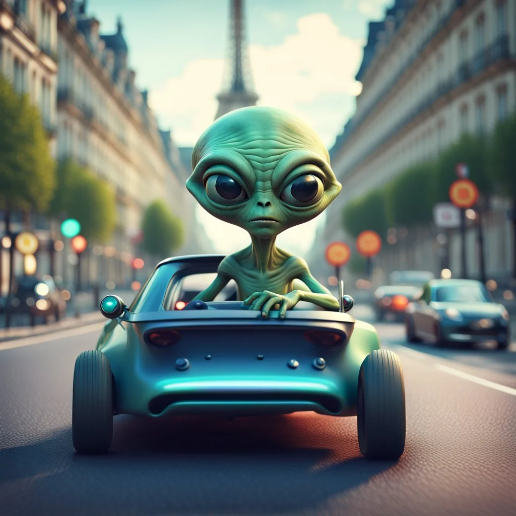 a cartoon alien driving a car down a road in paris, a character portrait by Mike Winkelmann, featured on cgsociety, pop surrealism, rendered in cinema4d, daz3d, behance hd