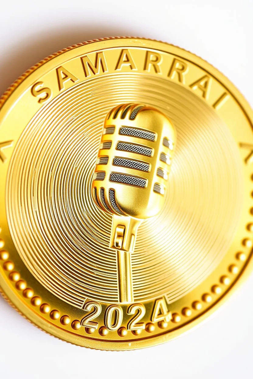 view of word , SAM , SAMARRAI 2024 on the edge on the gold coin ,with picture of a microphone , in the middle of the coin.