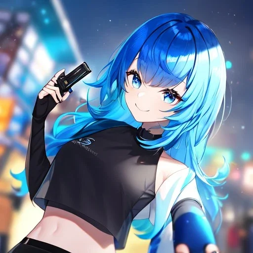 Clear focus,High resolution, Vibrant short blue hair, Vibrant blue eyes, Wearing a black short skirt,black crop top sleevelss,blue cut sleeves,black fingerless gloves, Smiling,Long bangs, Smiling, Holding a pistol