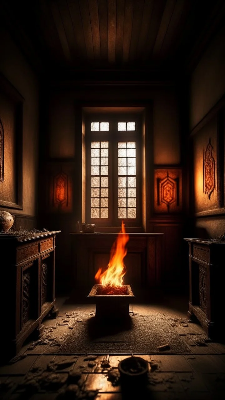 Create an image of old house on fire inside , or oh can see the fire from the window,with strange runes in side a temple with dim light of fire torch on the wall in the background