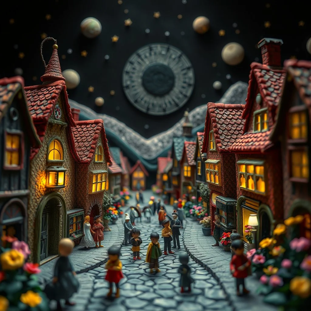 Detailed, people, street made of modeling clay and felt, village, stars, galaxy and planets, black sun, volumetric light, ZBrush, Max Ernst, flowers, naïve, Tim Burton, strong texture, extreme detail, Yves Tanguy, decal, rich moody colors, sparkles, Harry Potter, bokeh, odd