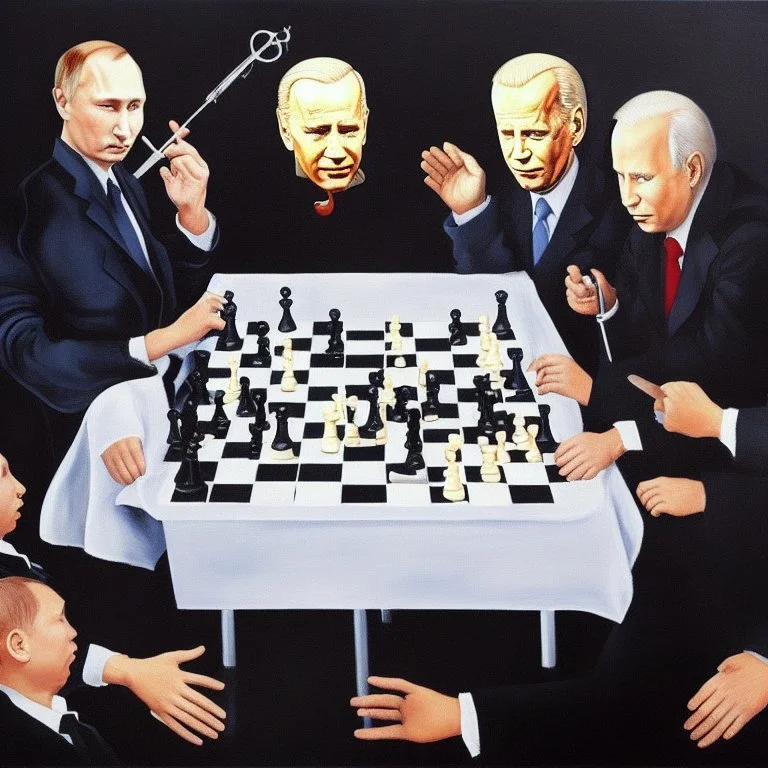 Complex Surgical Instruments crossing over Putin,President Xi jinping,Joe Biden Play Chess with a Newborn Boy,black background,surrealism,minimalism,Painting By Adrian Ghenie,Michelangelo,Rene Magritte,Lucian Freud,Salvador Dali,Pablo Picasso