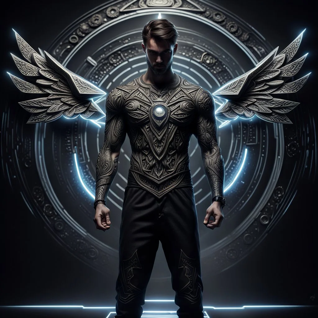 Man, fhoto full body, reality, angle Raw, super black magic as power light from of god, digital art, with logo text "addie", intricate details, powerful composition, captivating, , trending on artstation, sharp focus, studio photo, intricate details, highly detailed high tech, by addie_digi