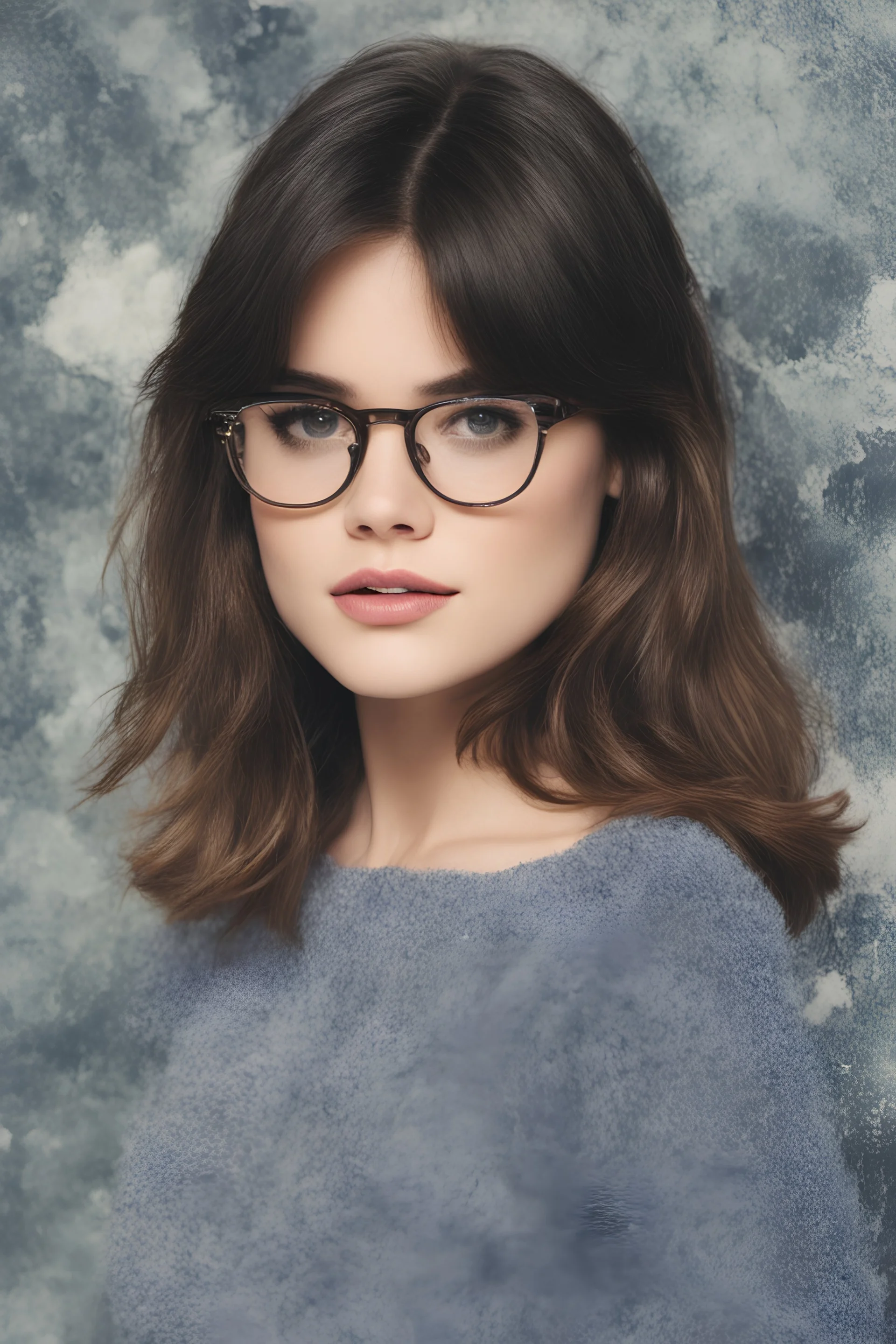 1980's yearbook photo, Lucy Hale, 1980's clothing and hair styles, 4k UHD, photorealistic, ((big, full, plump, pouty lips:1.5)) black hair, big cat-eye eyeglasses, dark blue foggy gradated marble wall background - Lucy Hale is so hot it makes me all warm and fuzzy just looking at her face