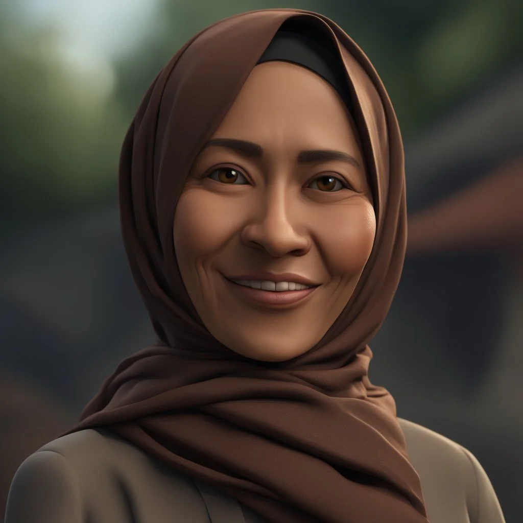 a portrait of smiling moslem woman. 50 years old. indonesian. carricature. thin face. small body. wearing black headscarf. warm undertone brown face skin. black eye pupils. oblong face shape. formal blazer dress. pixar style. 3D. 4k. portrait. highly detailed. sharp focus. high resolution. full color. cinema lighting