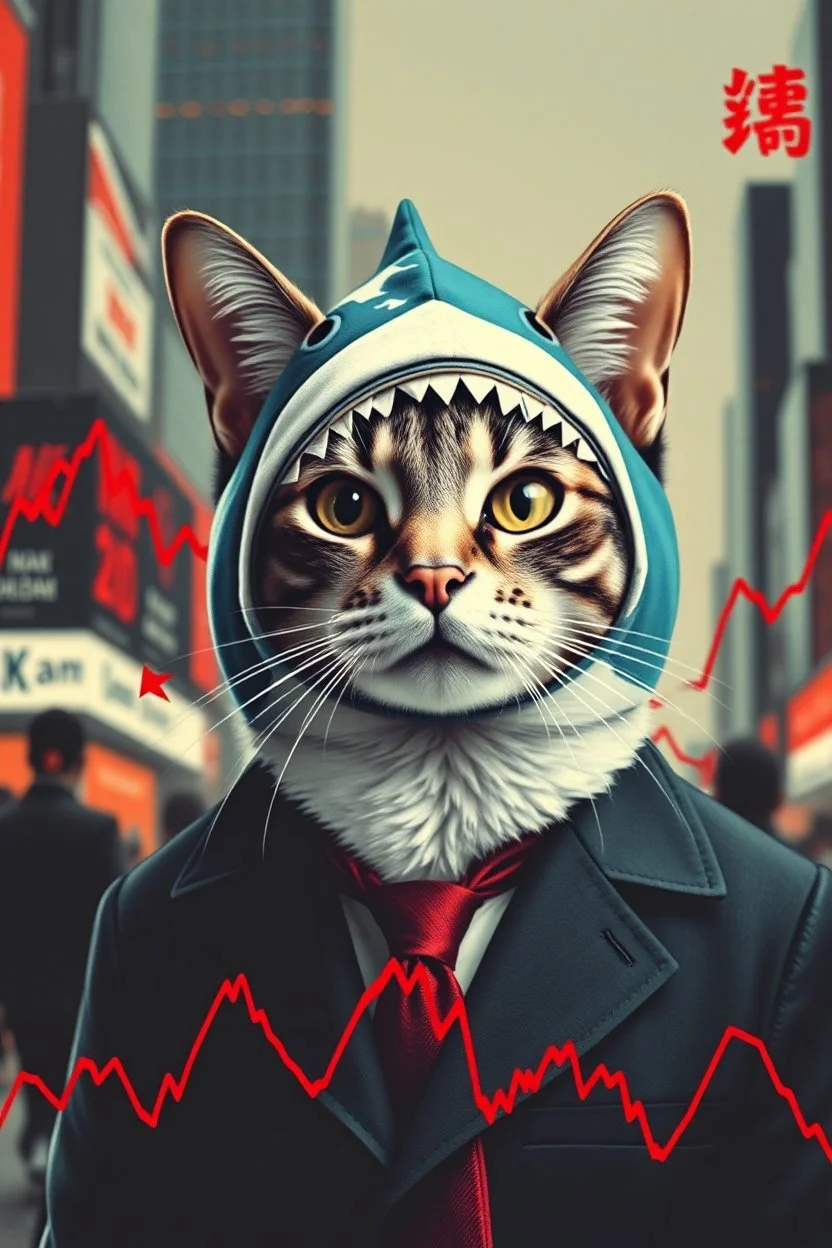 cat with shark mask hat solana nasdaq red charts crashin japanese style in the style of warhol